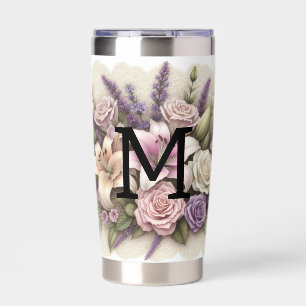 Monogram lace floral purple roses lavender lilies  insulated tumbler