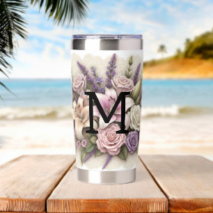 Monogram lace floral purple roses lavender lilies insulated tumbler