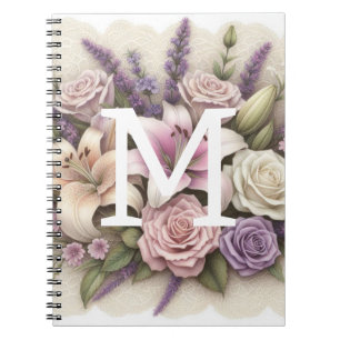Monogram lace floral purple roses lavender lilies notebook