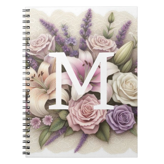 Monogram lace floral purple roses lavender lilies  notebook (Front)