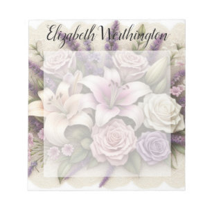Monogram lace floral purple roses lavender lilies  notepad
