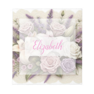 Monogram lace floral purple roses lavender lilies  notepad