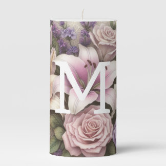 Monogram lace floral purple roses lavender lilies  pillar candle