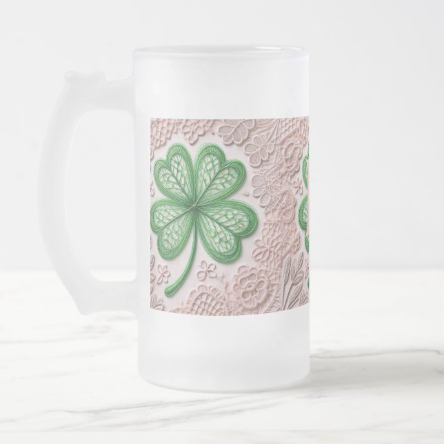 Monogram lace green shamrock St Patrick's day  Frosted Glass Beer Mug (Left)