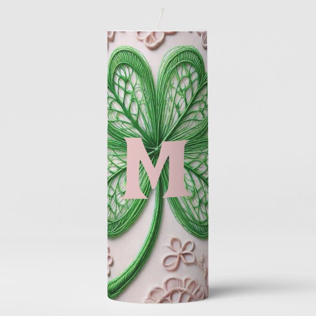 Monogram lace green shamrock St Patrick's day  Pillar Candle (Front)
