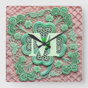 Monogram lace green shamrock St Patrick's day Square Wall Clock