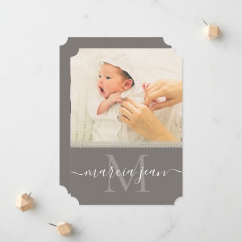 Monogram Lace Grey Photo Collage Newborn Girl Anno Announcement