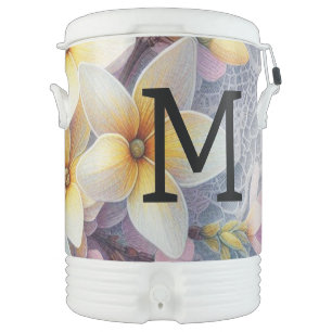 Monogram lace pink and yellow Spring flowers  Beverage Cooler