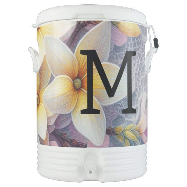Monogram lace pink and yellow Spring flowers  Beverage Cooler (Front)