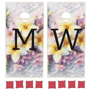 Monogram lace pink and yellow Spring flowers Cornhole Set
