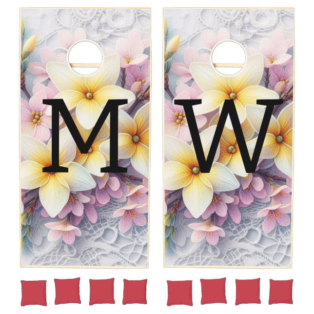 Monogram lace pink and yellow Spring flowers  Cornhole Set (Set)
