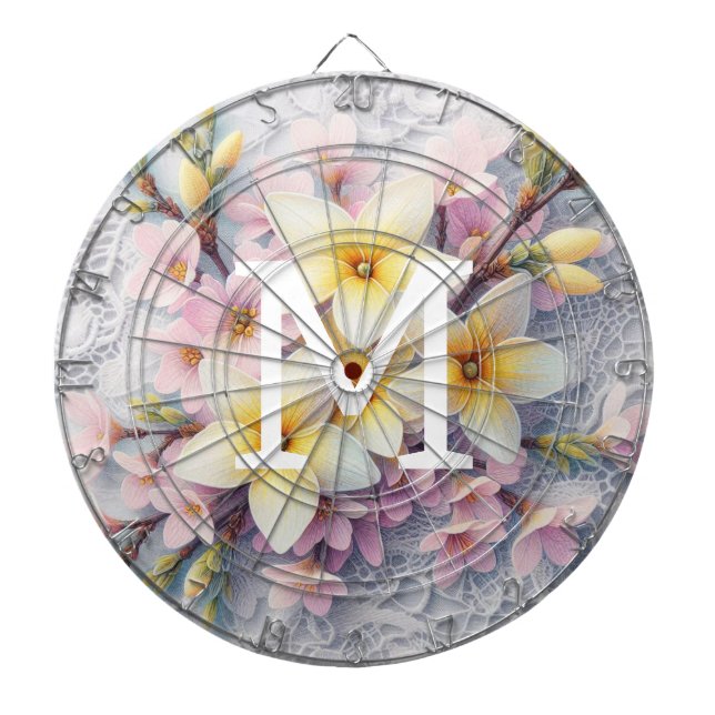 Monogram lace pink and yellow Spring flowers  Dart Board (Front)
