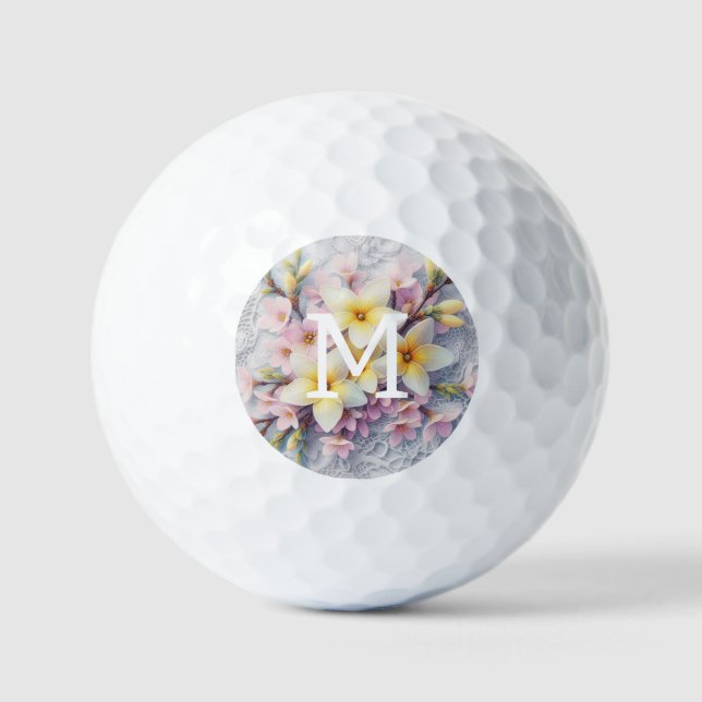 Monogram lace pink and yellow Spring flowers  Golf Balls (Front)