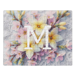 Monogram lace pink and yellow Spring flowers  Jigsaw Puzzle