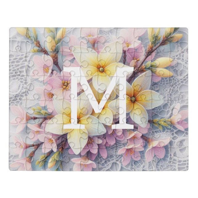 Monogram lace pink and yellow Spring flowers  Jigsaw Puzzle (Puzzle Horizontal)