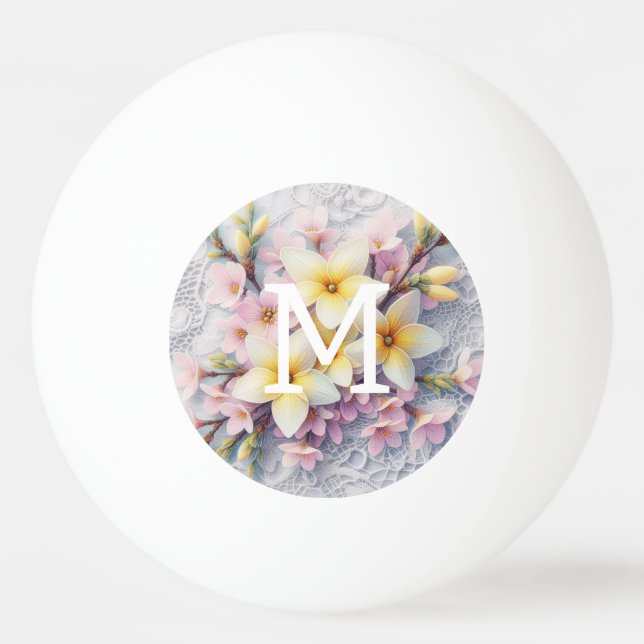 Monogram lace pink and yellow Spring flowers  Ping Pong Ball (Front)