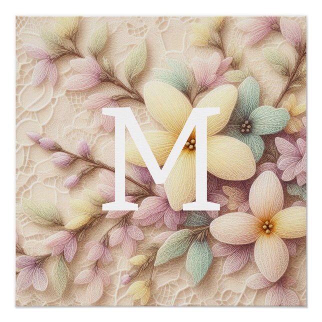 Monogram lace pink and yellow Spring flowers  Poster (Front)