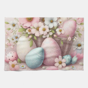 Monogram lace pink floral Easter eggs in a basket Kitchen Towel