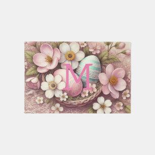 Monogram lace pink floral Easter eggs in a basket Outdoor Rug