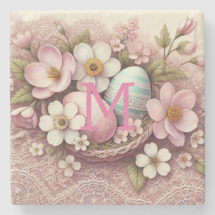 Monogram lace pink floral Easter eggs in a basket Stone Coaster