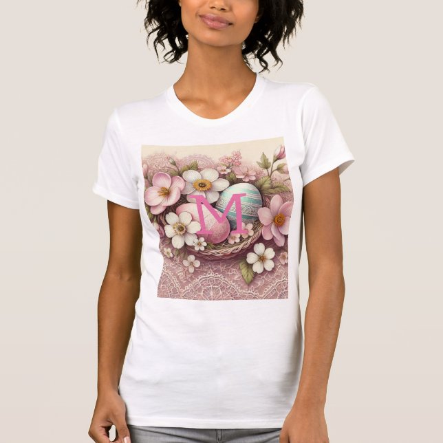 Monogram lace pink floral Easter eggs in a basket  T-Shirt (Front)