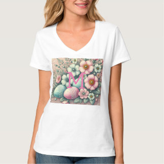 Monogram lace pink floral Easter eggs in a basket T-Shirt