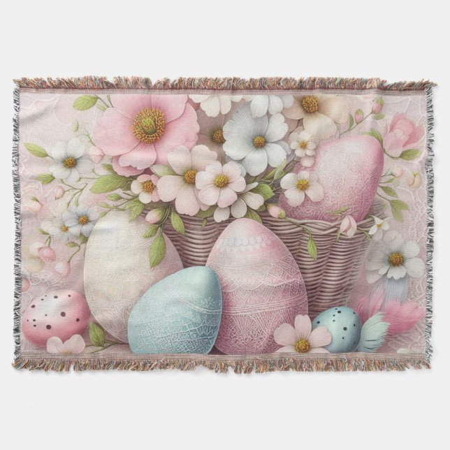 Monogram lace pink floral Easter eggs in a basket  Throw Blanket (Front)