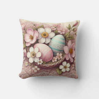 Monogram lace pink floral Easter eggs in a basket Throw Pillow