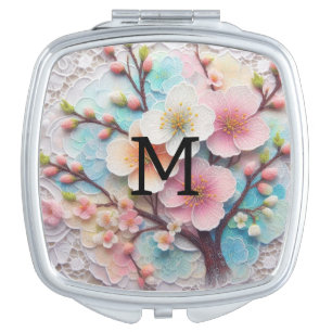 Monogram lace pink floral pastel cherry blossom compact mirror