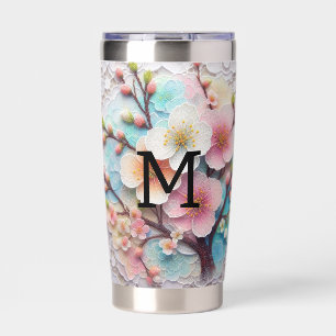 Monogram lace pink floral pastel cherry blossom insulated tumbler