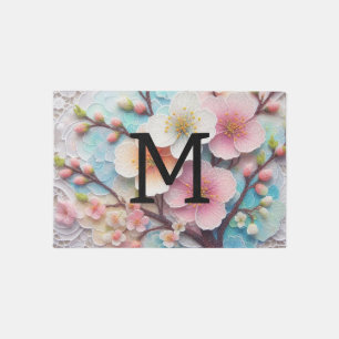 Monogram lace pink floral pastel cherry blossom outdoor rug