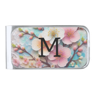 Monogram lace pink floral pastel cherry blossom silver finish money clip