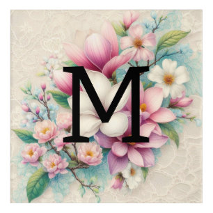 Monogram lace pink purple magnolias flowers  acrylic print