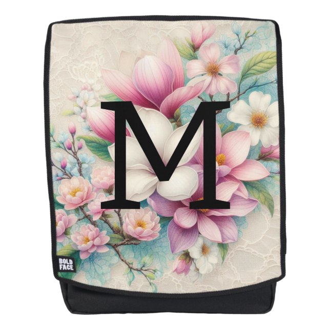 Monogram lace pink purple magnolias flowers  backpack (Front)
