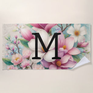 Monogram lace pink purple magnolias flowers  beach towel