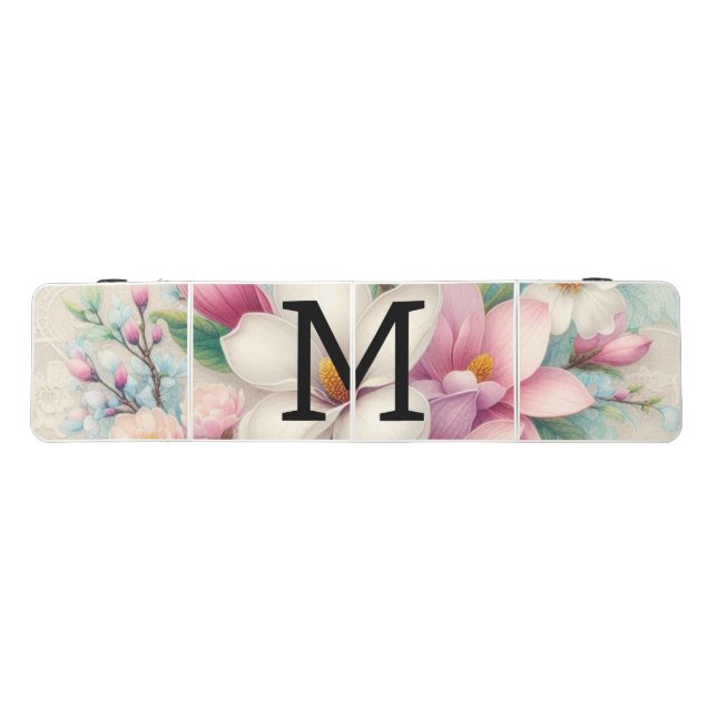 Monogram lace pink purple magnolias flowers  beer pong table (Top)
