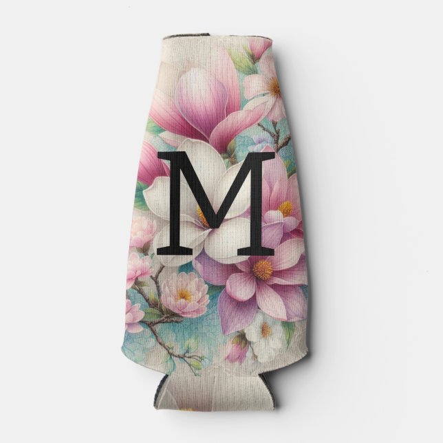Monogram lace pink purple magnolias flowers  bottle cooler (Front)