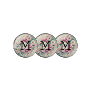 Monogram lace pink purple magnolias flowers golf ball marker