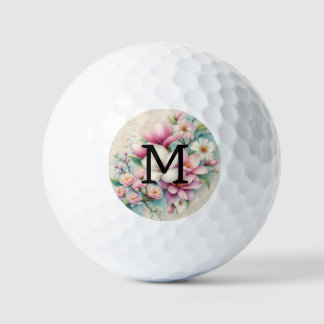 Monogram lace pink purple magnolias flowers  golf balls
