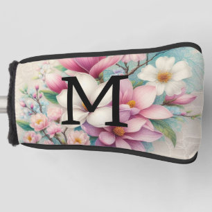 Monogram lace pink purple magnolias flowers golf head cover