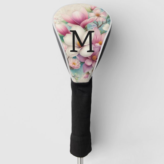 Monogram lace pink purple magnolias flowers  golf head cover (Front)