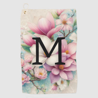 Monogram lace pink purple magnolias flowers golf towel