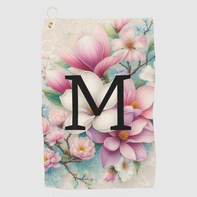 Monogram lace pink purple magnolias flowers  golf towel (Front)