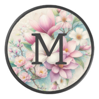 Monogram lace pink purple magnolias flowers hockey puck