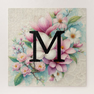 Monogram lace pink purple magnolias flowers jigsaw puzzle