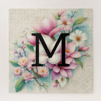 Monogram lace pink purple magnolias flowers jigsaw puzzle