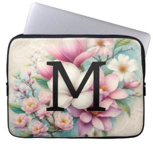 Monogram lace pink purple magnolias flowers laptop sleeve