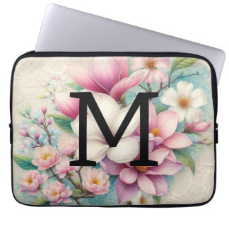 Monogram lace pink purple magnolias flowers  laptop sleeve