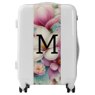Monogram lace pink purple magnolias flowers luggage