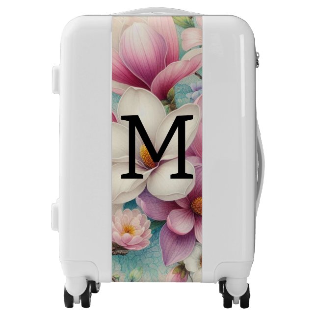 Monogram lace pink purple magnolias flowers  luggage (Front)
